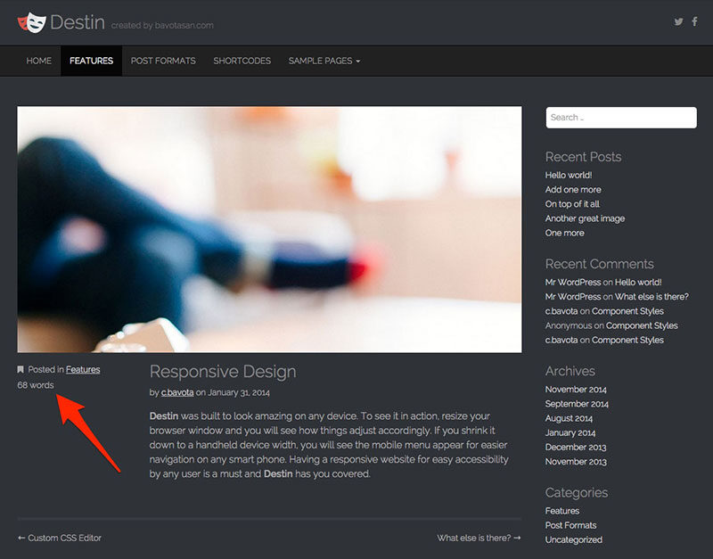 Destin WordPress Theme with Word Count